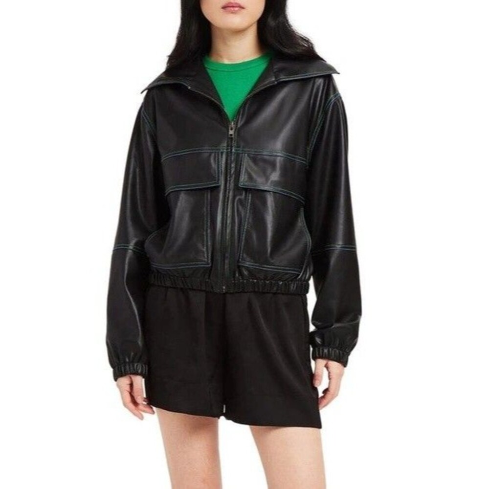 Apparis Tierra Cropped Vegan Leather Bomber Jacket Contrast Stitch M